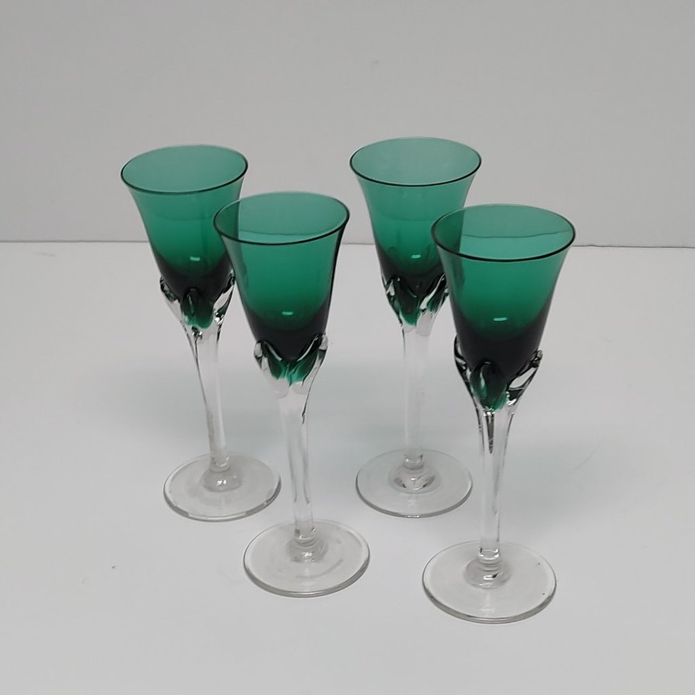 Vintage Cordial Glasses - Emerald Green with Clear Stems - Set of 4